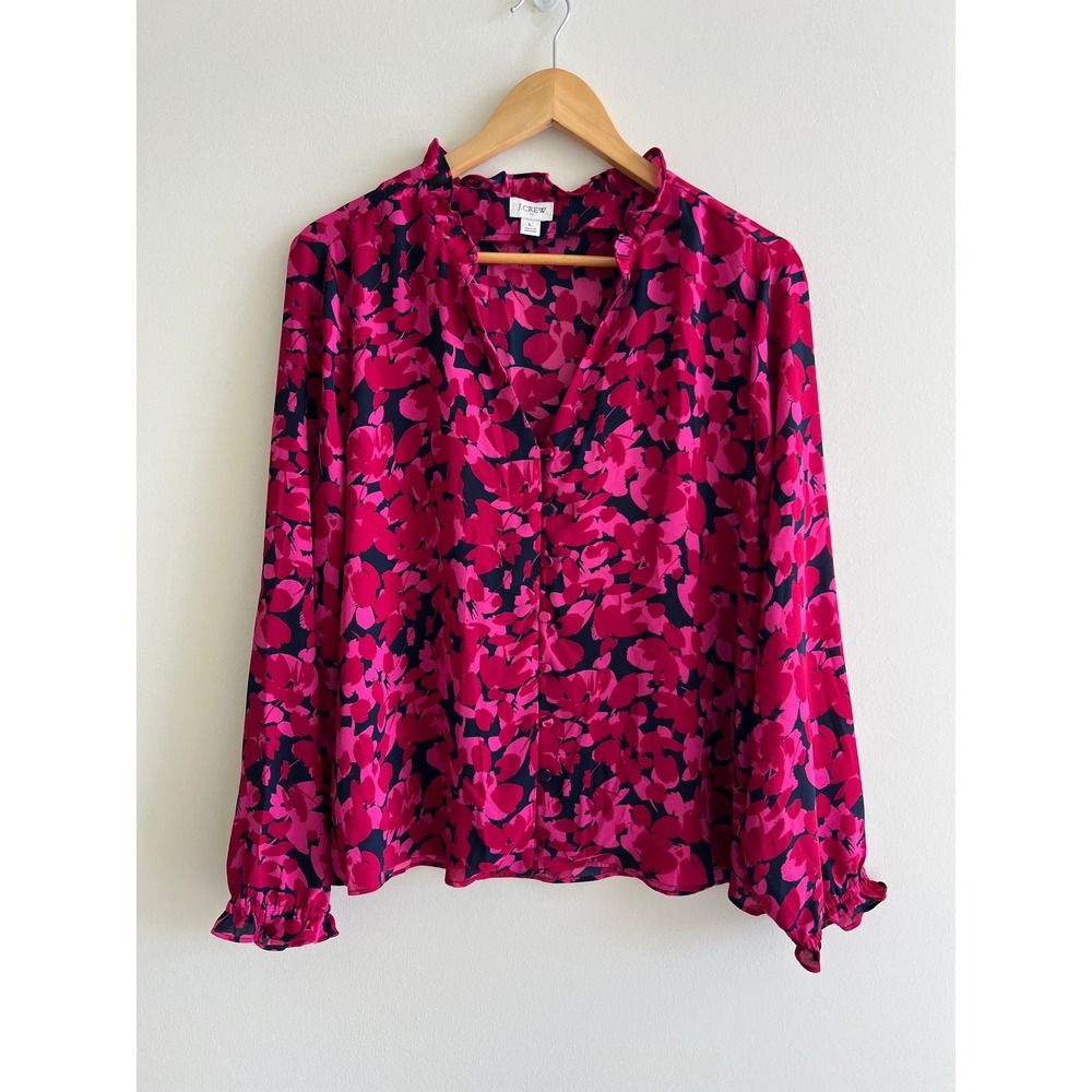 J.Crew L‎ Floral Ruffle Blouse Fuchsia Navy Office Dopamine Dressing Bold Preppy